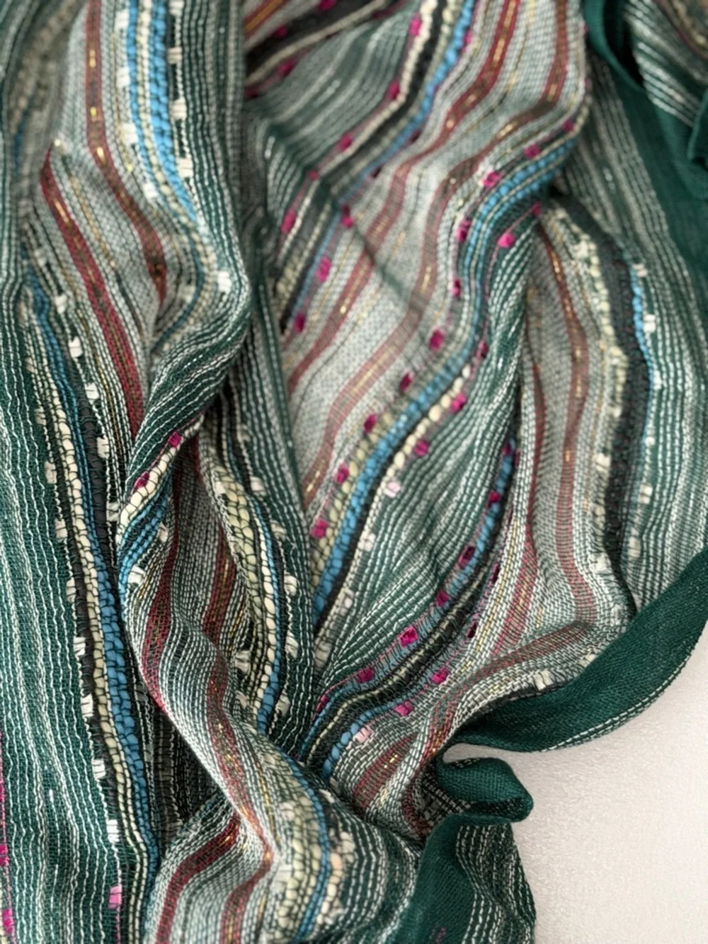 Boho Textured Infinity Scarf Green Multi Stripe Woven Lightweight Artisan Style